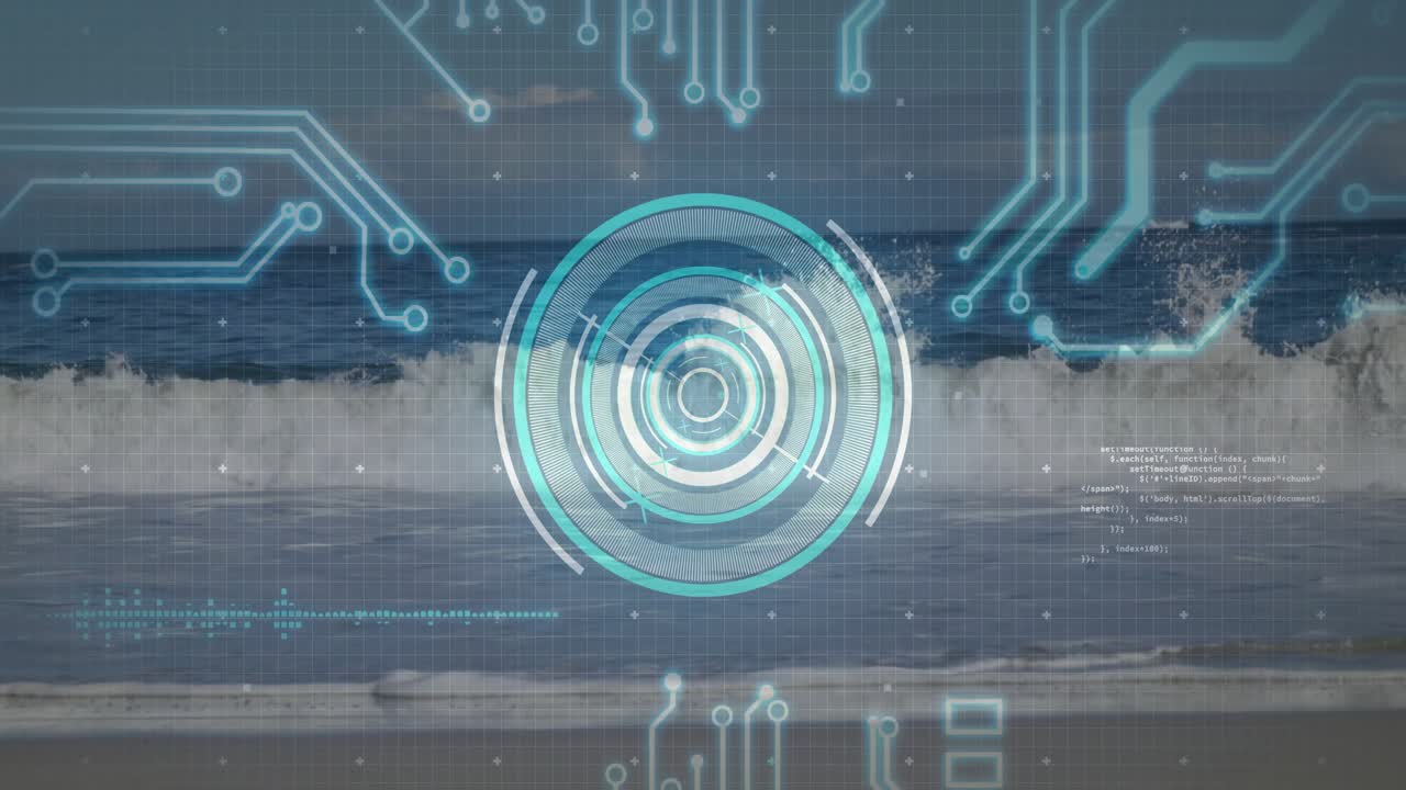 Circular futuristic HUD hovering above shoreline, glowing circuit lines and waveform in flat design