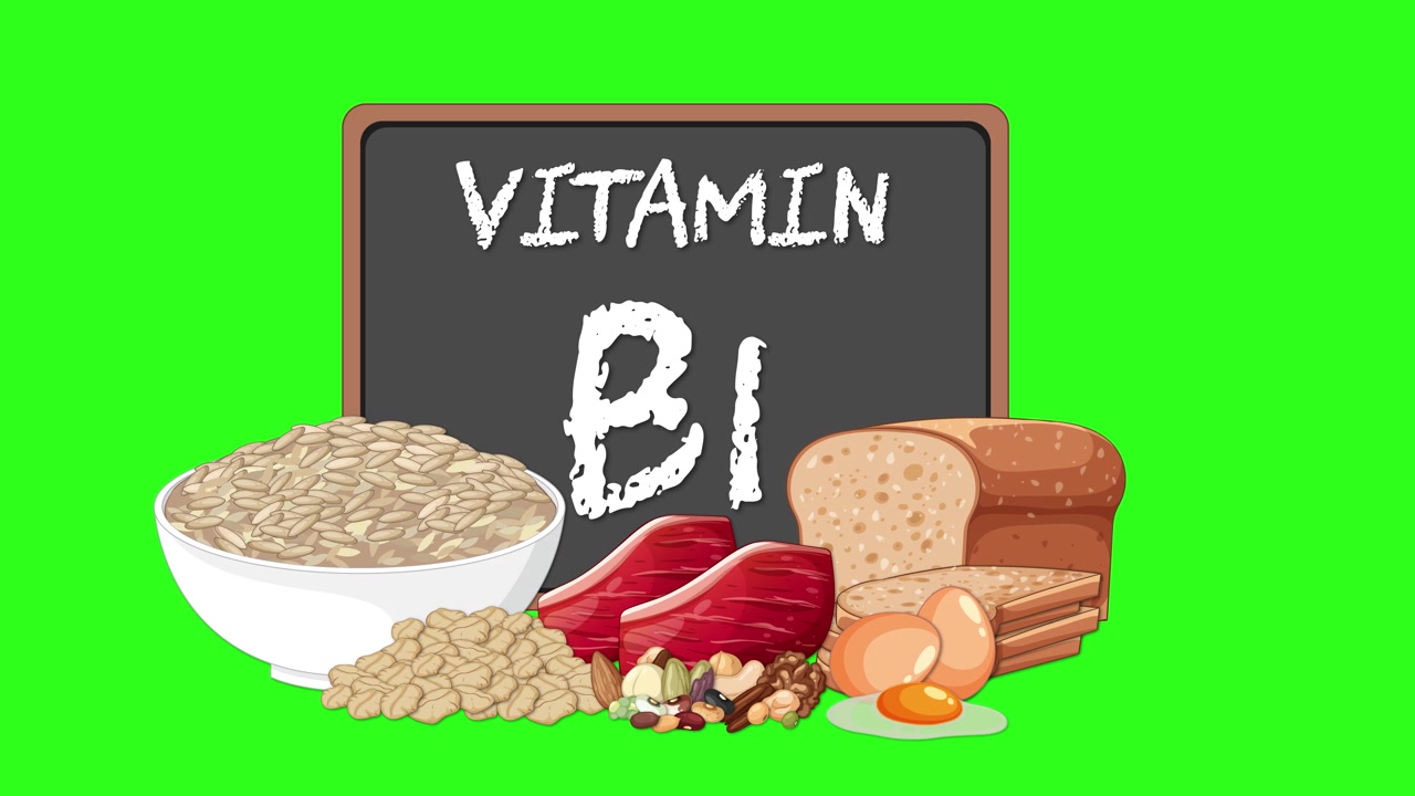 Yeşil arka planda tebeşir tahtası, tahıllar, et ve ekmek ile B1 Vitamini besin kaynaklarının animasyonlu gösterimi