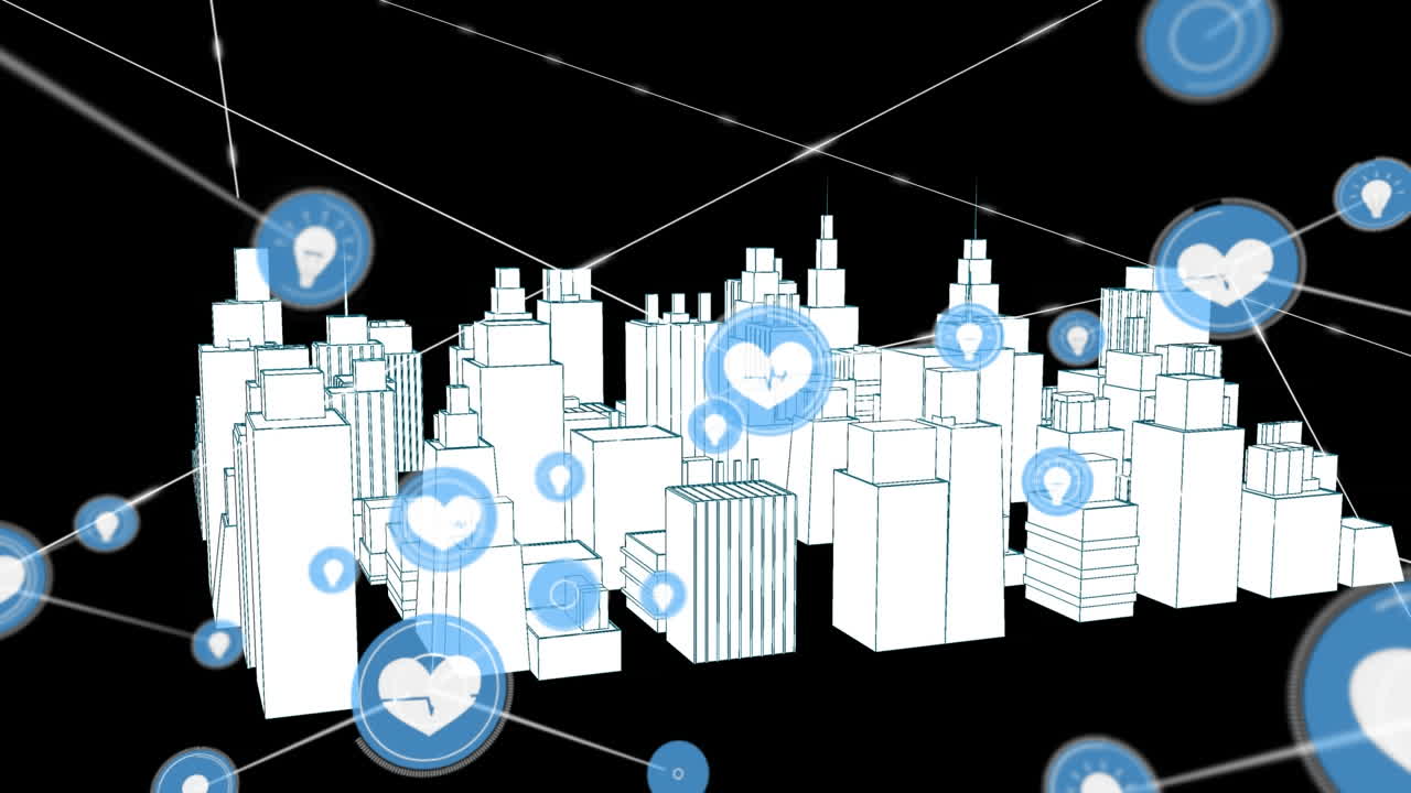 검은 바탕에 3d 도시 그림 위에 아이콘으로 연결된 네트워크의 애니메이션