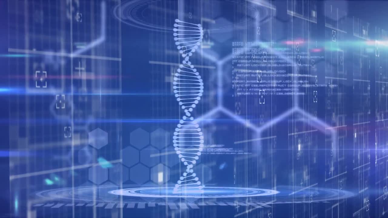 dna 가닥의 애니메이션, 의료 데이터 처리 및 파란색 배경의 마커