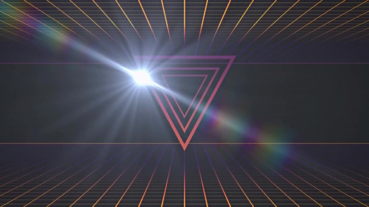 Bagliore dell'obiettivo in alto a sinistra che attraversa un vuoto tecnologico retrò, eliminando strisce viola e rivelando un triangolo al neon.