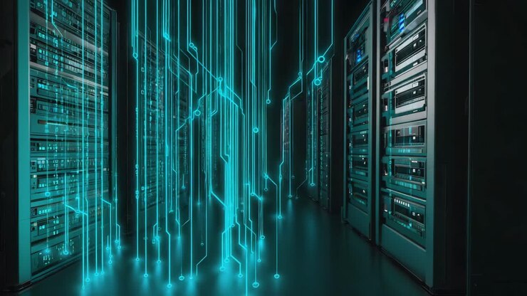 Futuristic Data Center with Glowing Data Streams