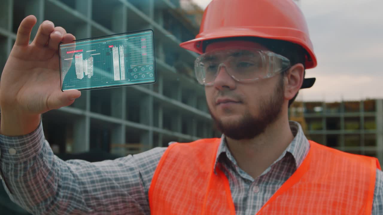 Architect or Engineer using smartphone transparent hologram digital display applicatiion in front of building under construction. Technology, people.