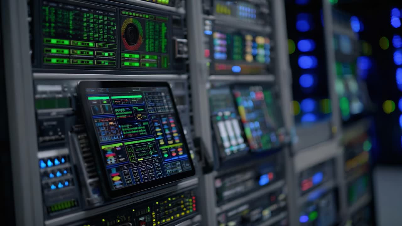 High-Tech Control Room with Advanced Monitoring Interfaces and Colorful Display Screens Showcasing Data and Analytics in a Modern Digital Environment
