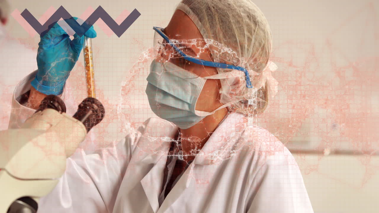 Scientist in lab coat examining sample with data processing animation overlay