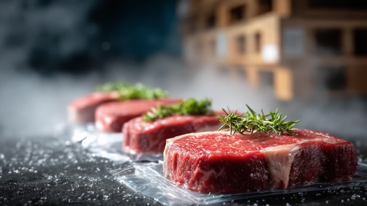 A Close-Up View of Freshly Packaged High-Quality Beef Steaks Garnished with Herbs, Showcasing the Rich Texture and Vibrant Colors of the Meat Ready for Cooking