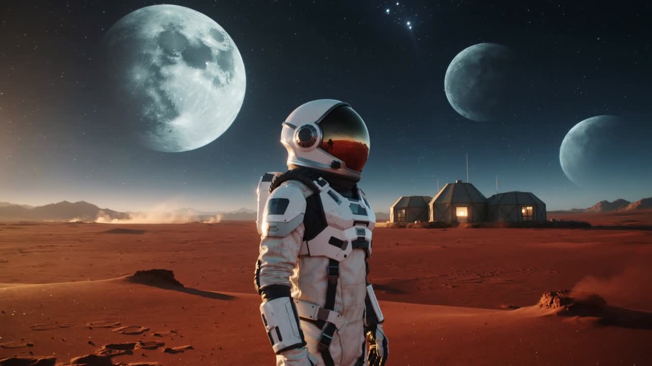 En astronaut i rumdragt lægger mærke til habitater og vender sig mod horisonten på en rød slette, mens visiret reflekterer lys.