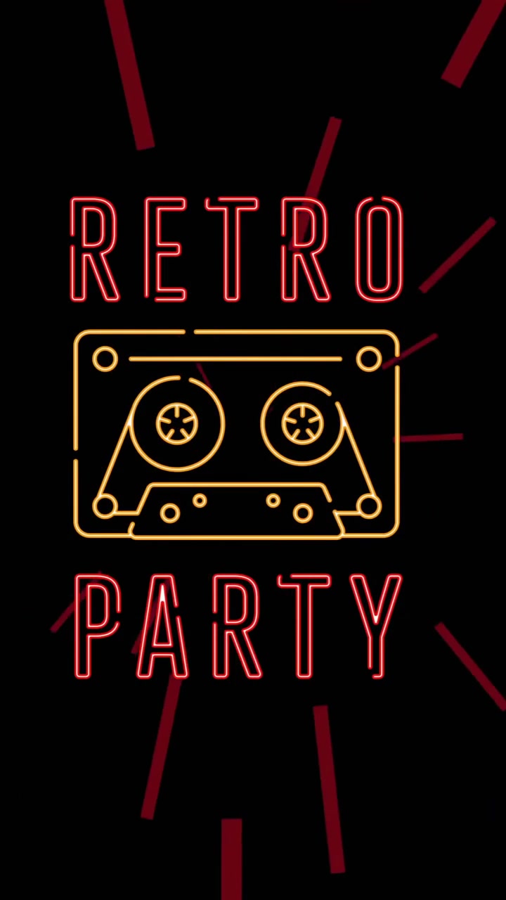 Animazione di fulmini su testo "retro party" con icona di gamepad su sfondo nero