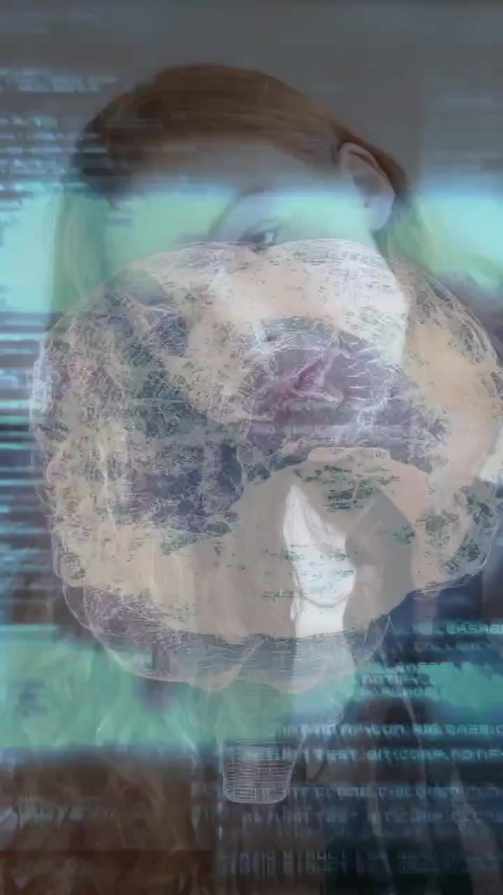 Vertical video: Woman looking at screen while 3D brain overlay growing and code scrolling for AI