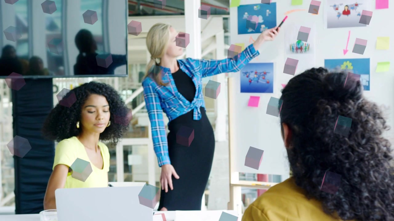 Seated woman checking laptop, shifting to presenter pointing at board with notes for business plans