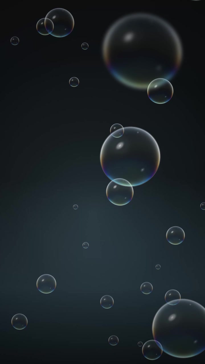 Transparent iridescent soap bubbles rise smoothly against a dark gradient backdrop in this loop.