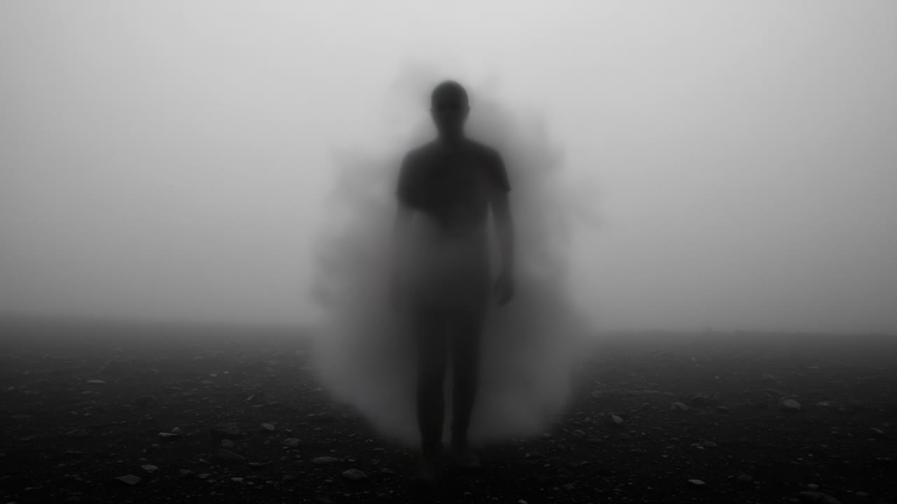 A Mysterious Figure Emerges from the Fog, Shrouded in Shadows and Enigma, Capturing a Moment of Intrigue and Depth in a Gloomy, Isolated Landscape