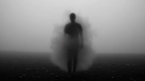 a mysterious figure emerges from the fog, shrouded in shadows and enigma, capturing a moment of intrigue and depth in a gloomy, isolated landscape