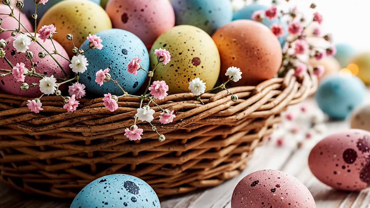 Colorful speckled easter eggs in a wicker basket