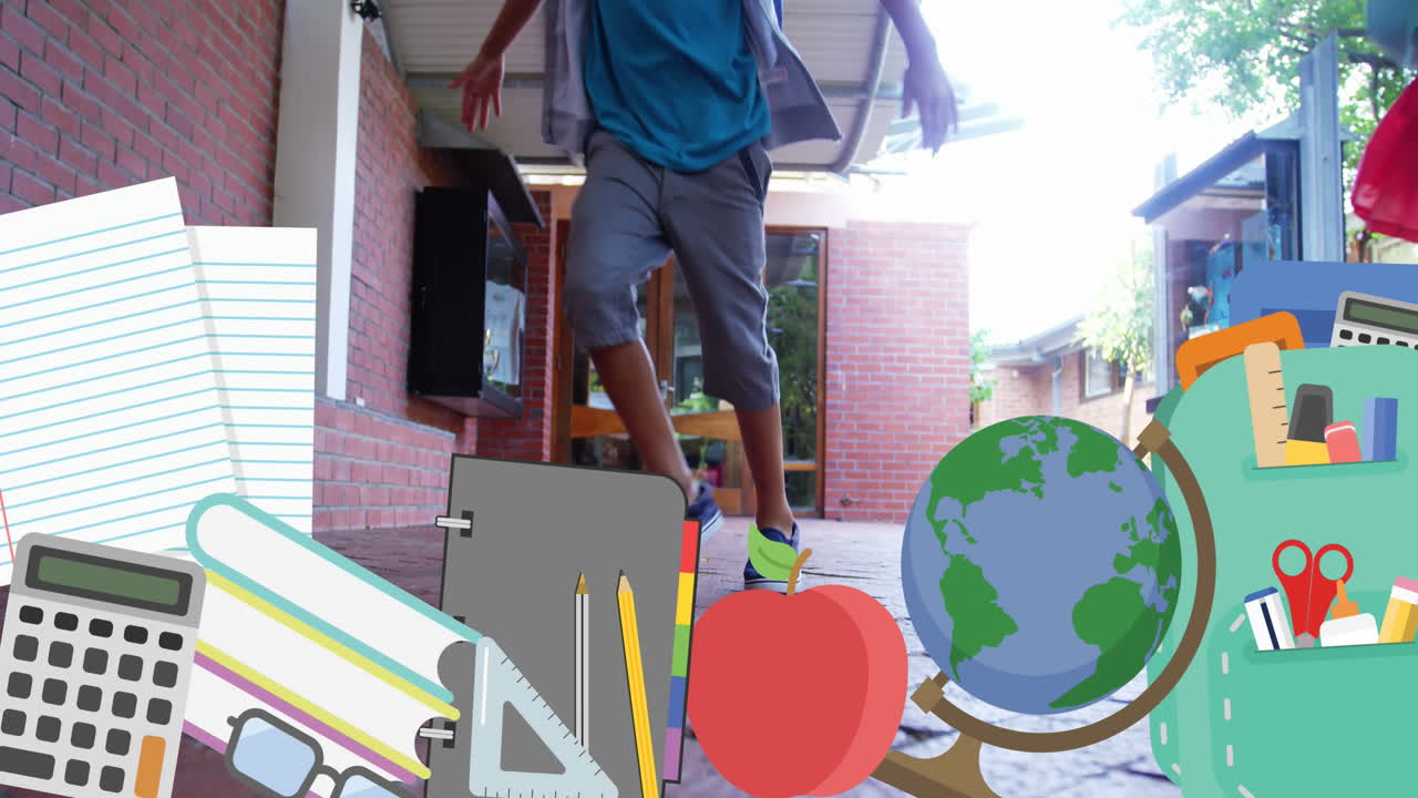 다수의 학교 개념 아이콘이 복도를 달리는 아이들을 상대로