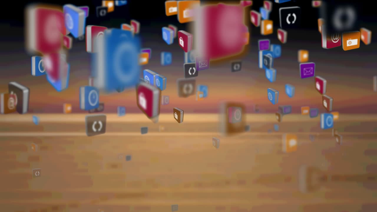 풍경 위에 떠다니는 디지털 아이콘의 애니메이션