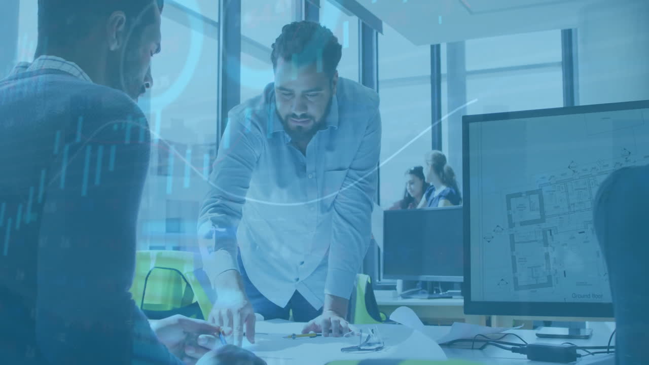 animación del procesamiento de datos financieros sobre diversas personas de negocios en la oficina