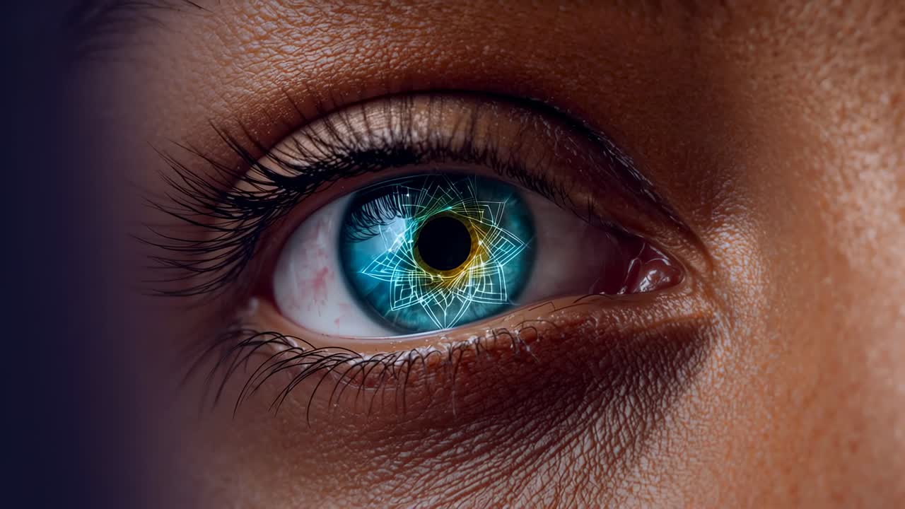 Activating right eye projecting evolving cyan and yellow geometric pattern across iris in closeup
