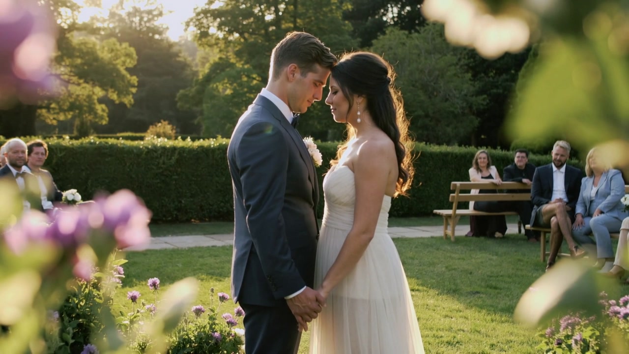 Standing bride and groom wearing wedding attire, holding hands on lawn as vows begin with flowers