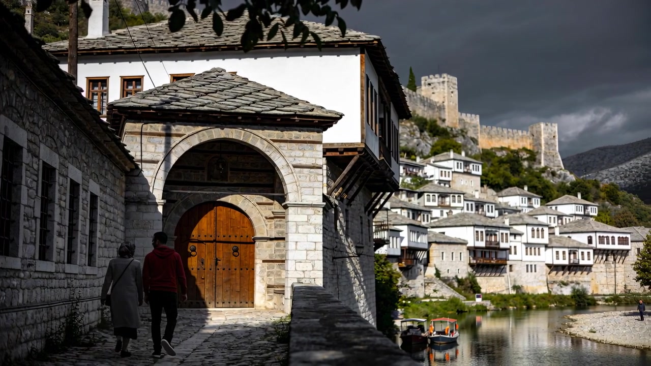 Coppia che cammina con giacca rossa e cappotto chiaro, avvistando una porta di legno ad arco e muovendosi lungo un sentiero acciottolato.
