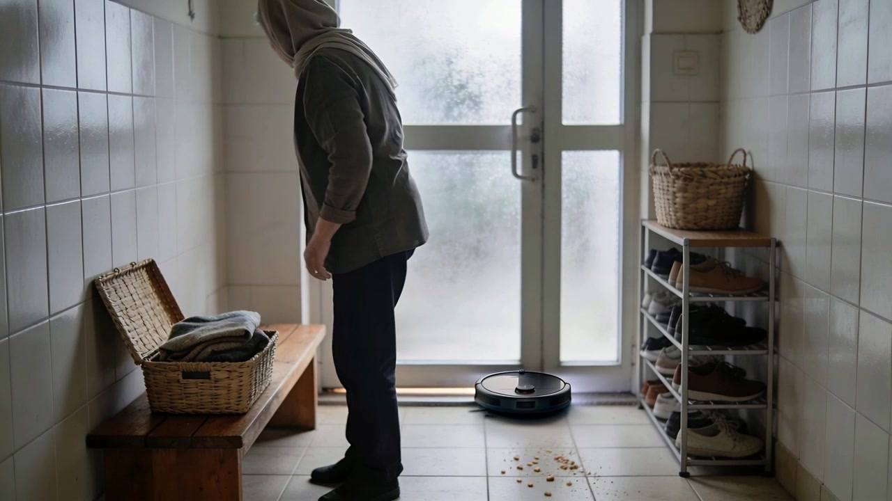 Opening wicker basket, senior woman in hijab arranging textiles on entry bench, noting robot vacuum
