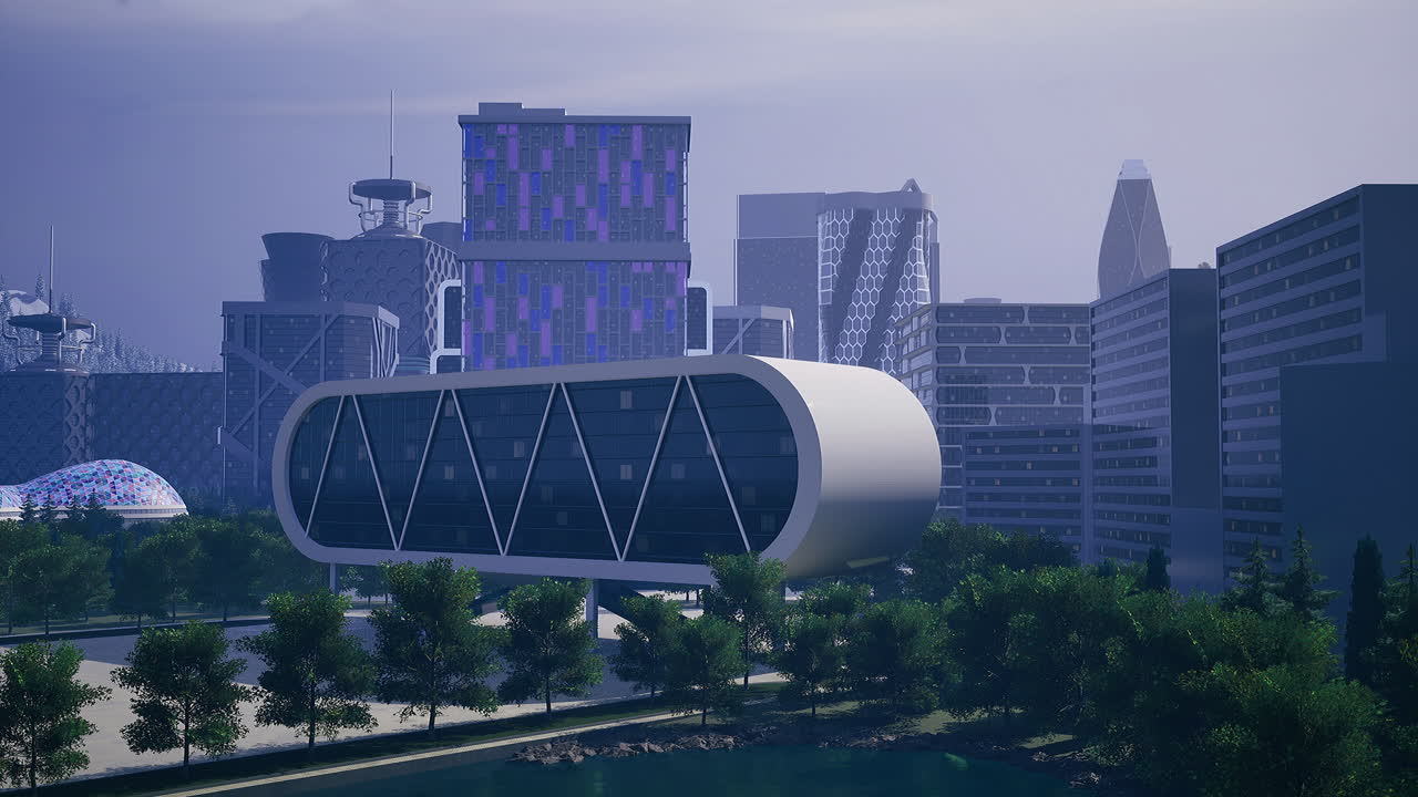 Futuristic urban landscape featuring modern architecture and technology