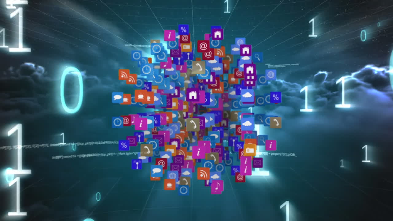 iconos y símbolos de internet en un cielo con códigos binarios