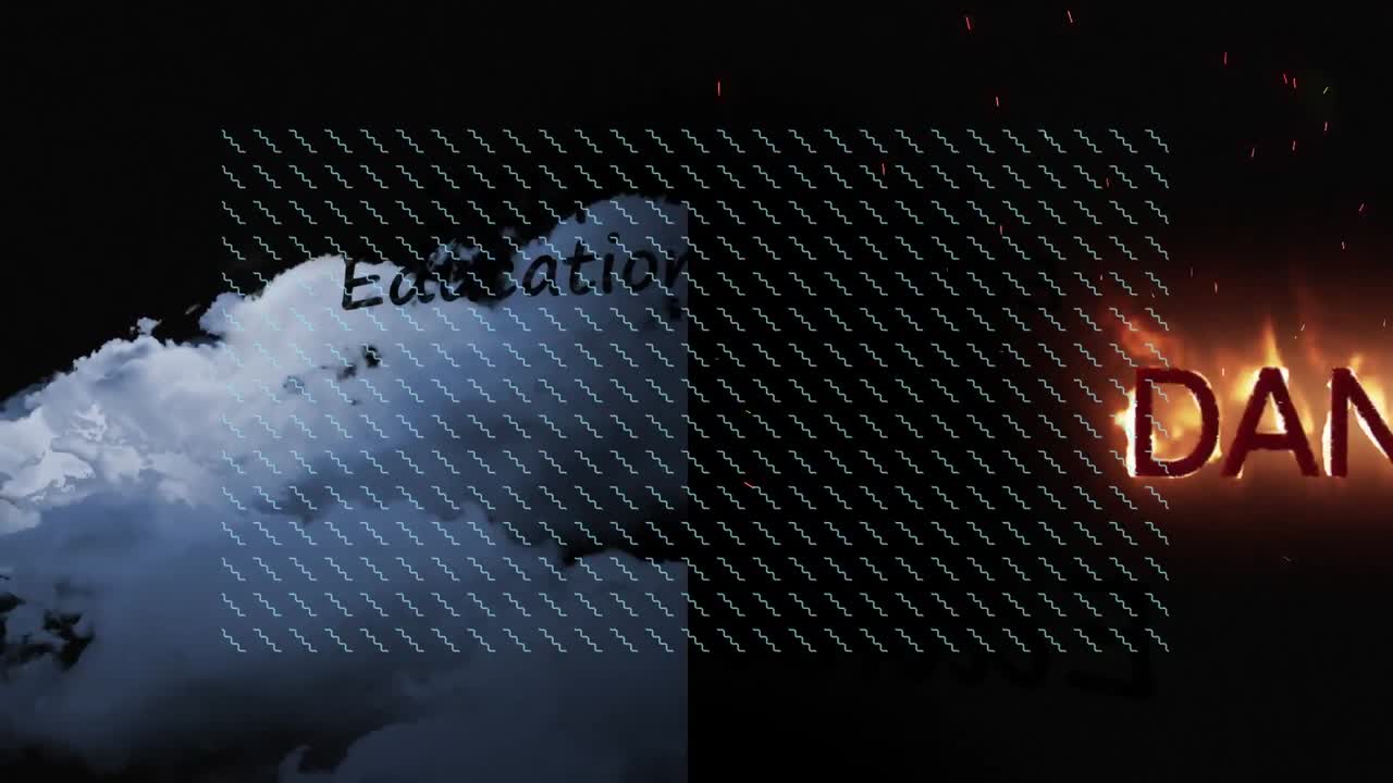 자기 교육의 애니메이션과 검은 바탕의 구름 위에 불타는 글쓰기