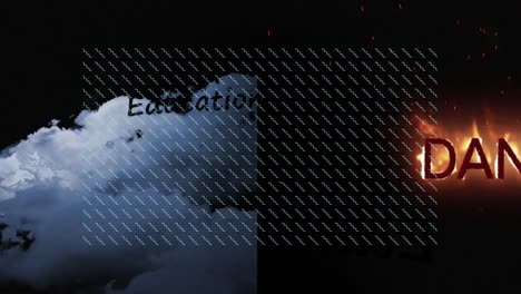 animation of self education and burning writing over clouds on black background