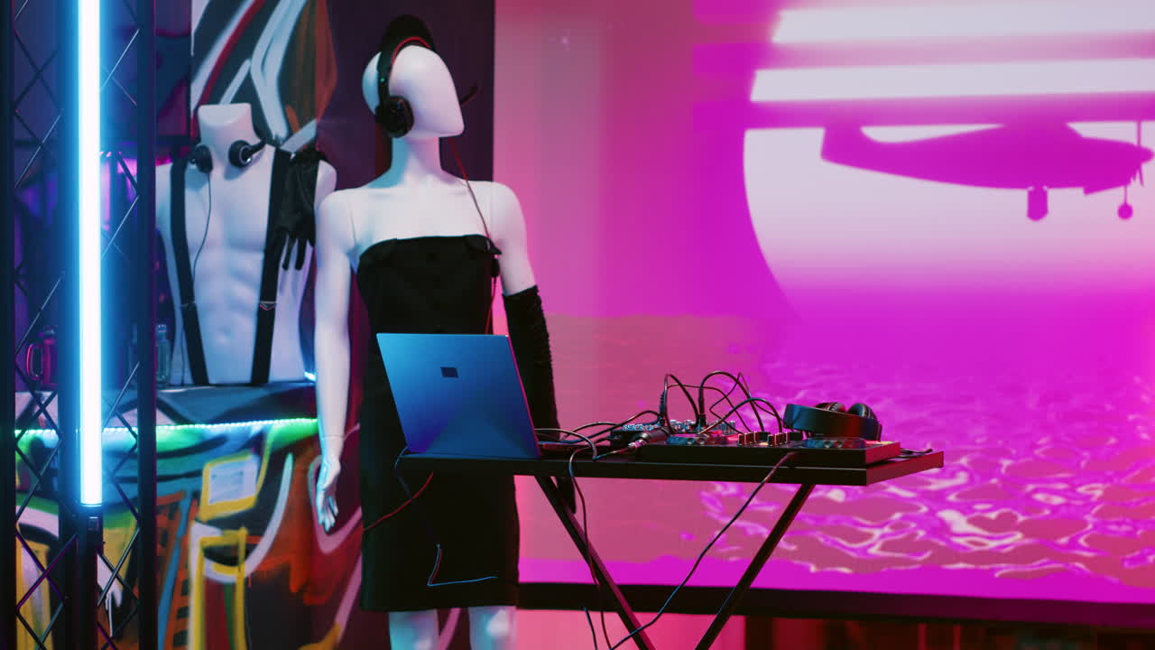 Event setup with mannequins, laptop, and sound equipment
