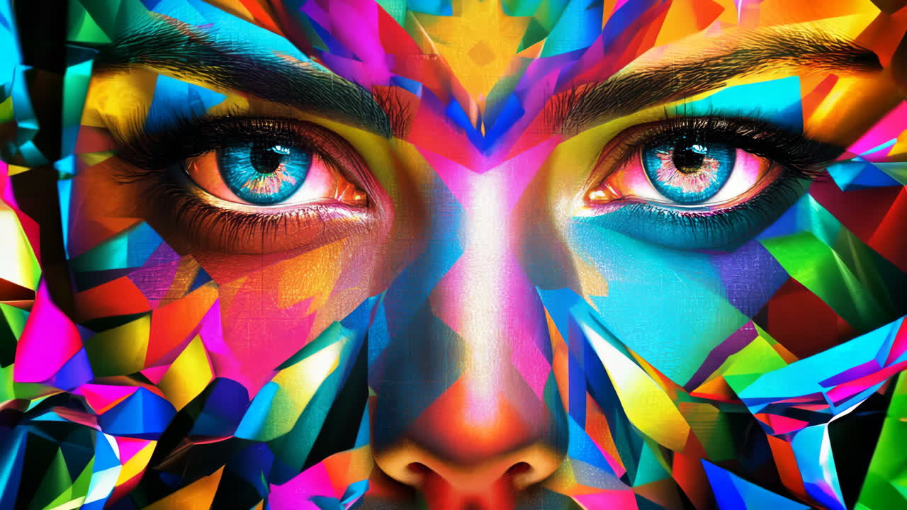 A colorful face with blue eyes and a pink nose