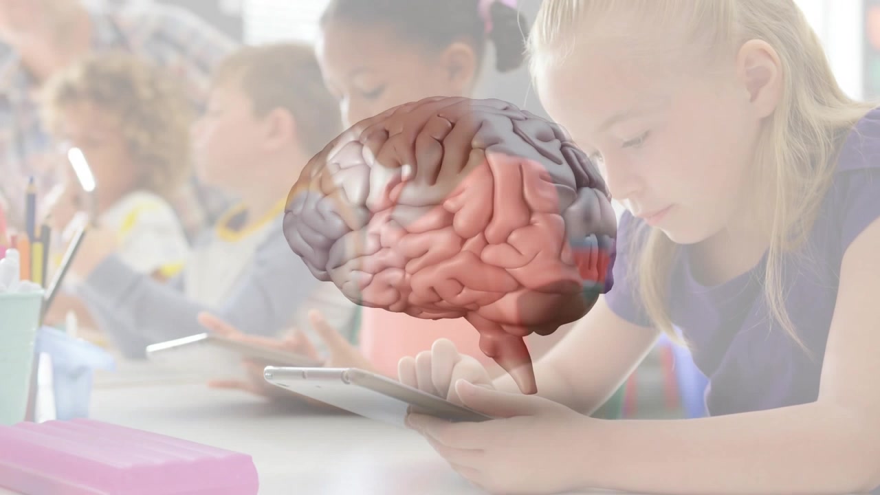 Class tapping tablets causing 3D brain rotating and settling above right girl's tablet for learning