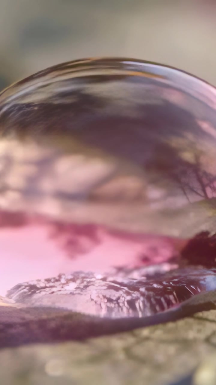 Video verticale: Bolla scintillante che riflette cielo e alberi con la messa a fuoco che si sposta su una foglia, increspatura alla base.