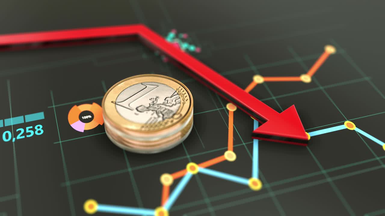 글로벌 금융 위기, 예산 제한, 주식 시장의 하락, 경제는 인플레이션, 화살표는 아래로 가리키고, 3d 비디오 애니메이션 배경.