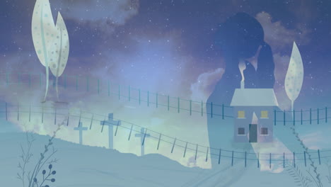 over snowy landscape, silhouette of person with house and starry sky animation