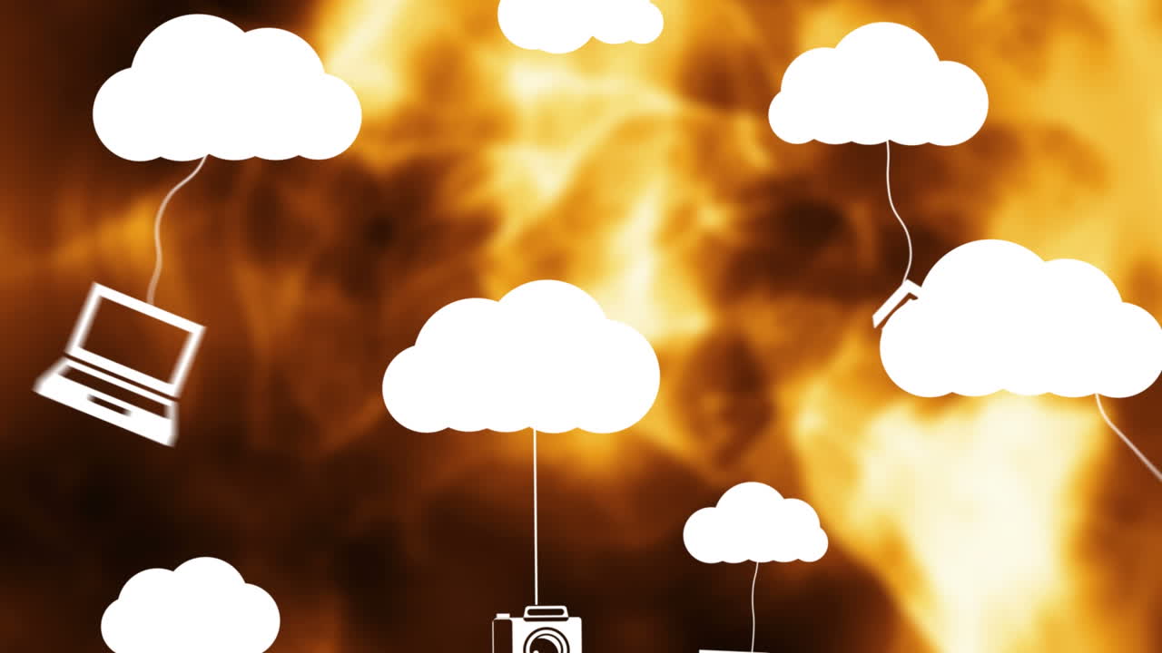 animación de iconos de medios con nubes sobre rastros de luz