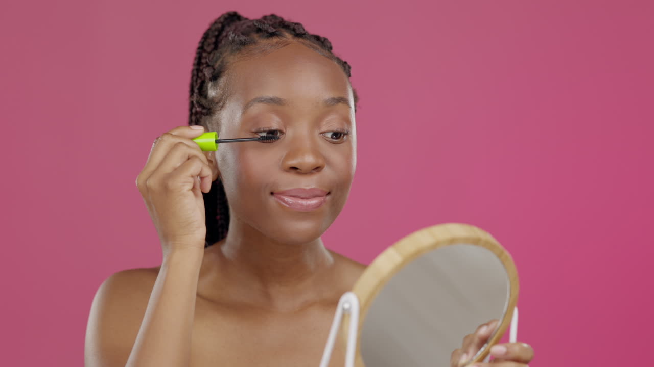 Model, face and beauty mascara with mirror