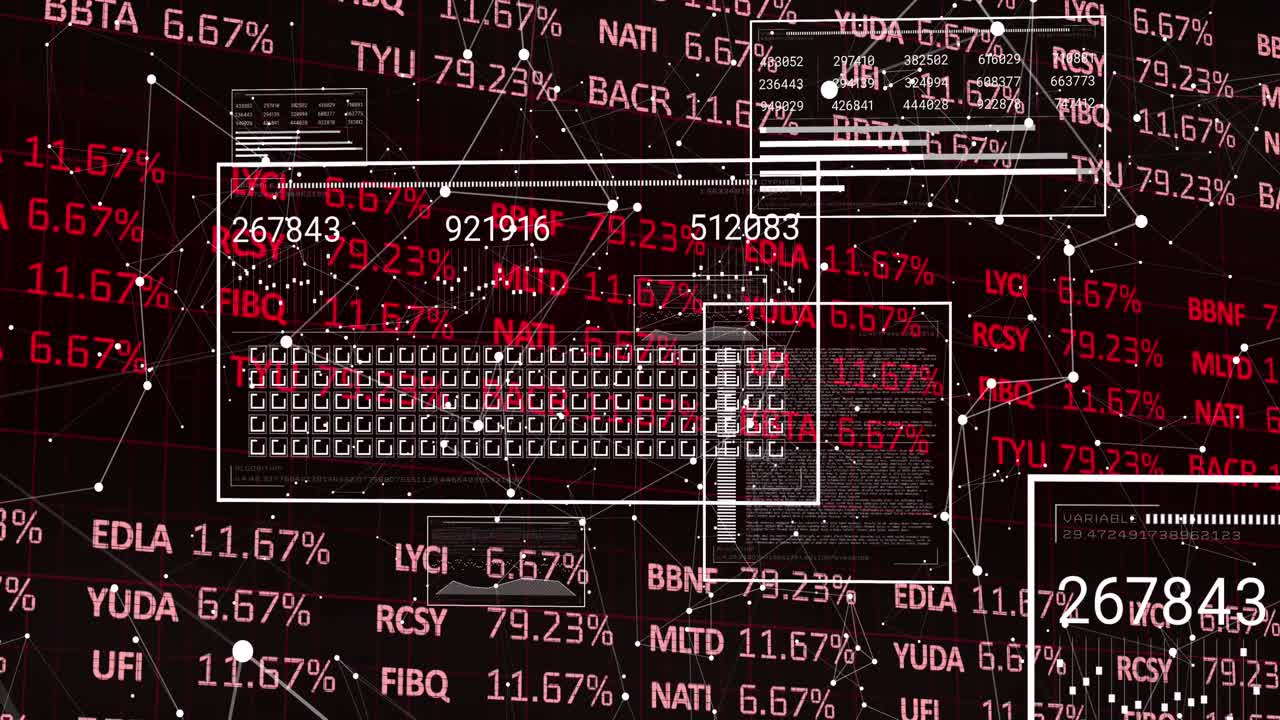Digital animation shows stock market data on screens, symbolizing the global economy