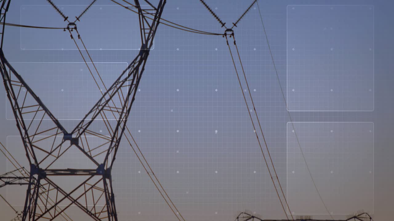 Central HUD activating and expanding over steel lattice towers as dusk falls, scanning power grid