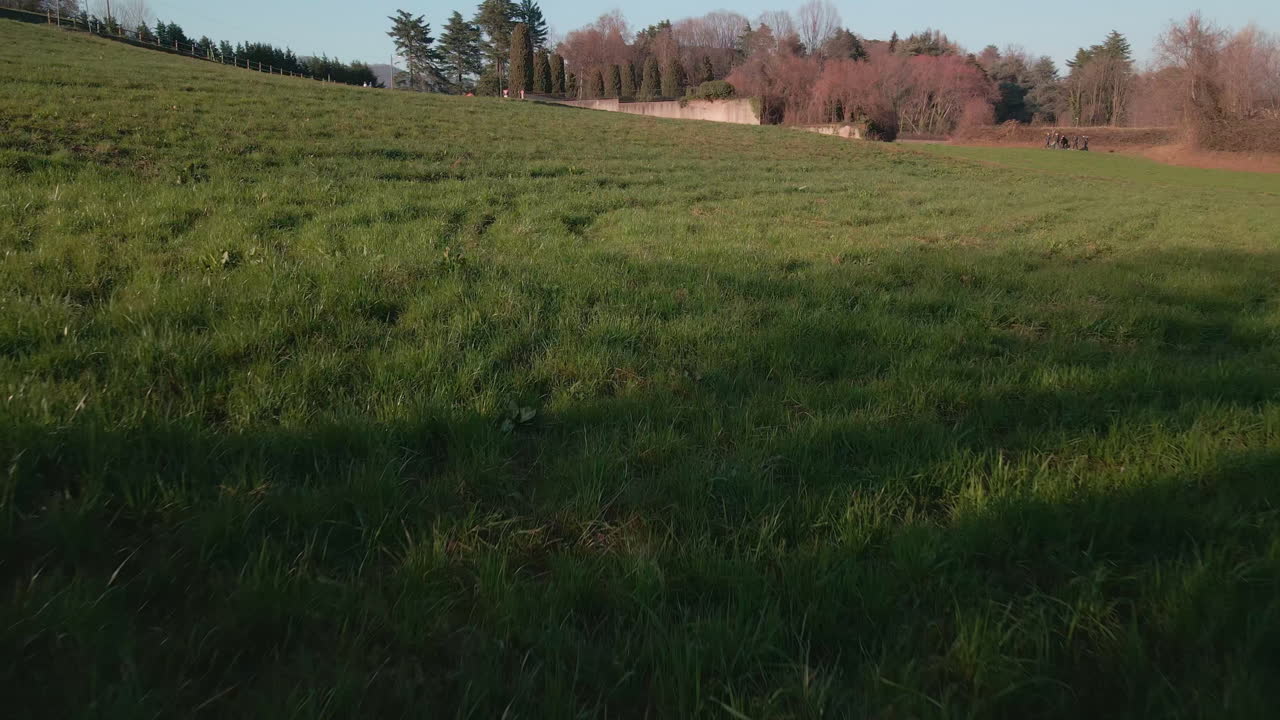 pradera verde en el campo italiano con árboles en colores otoñales y un grupo de personas caminando al aire libre durante una tarde soleada - toma aérea de vuelo bajo con drones