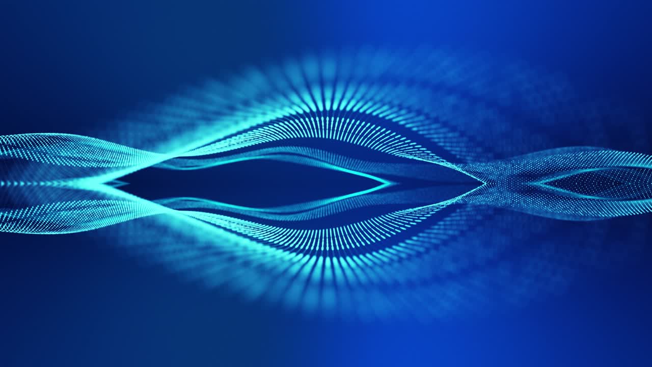 Sci-fi background with waves of particles . 4k loop abstract blue background of glow particles form curved lines, surfaces symmetrical mirror structures. Digital hologram background with particles