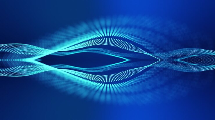 Sci-fi background with waves of particles . 4k loop abstract blue background of glow particles form curved lines, surfaces symmetrical mirror structures. Digital hologram background with particles