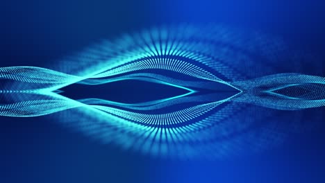 fondo de ciencia ficción con ondas de partículas. bucle de 4k fondo azul abstracto de partículas de brillo forman líneas curvas, superficies estructuras de espejo simétricas. fondo de holograma digital con partículas