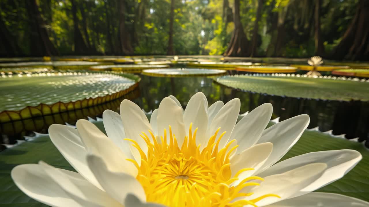 Victoria Amazonica water lily revealing delicate white and yellow petals, floating majestically amid giant leaves within lush Amazonian rainforest pond ecosystem