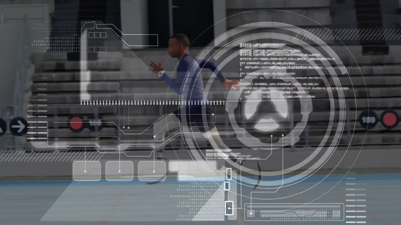 animación del procesamiento de datos con un atleta discapacitado con piernas protésicas