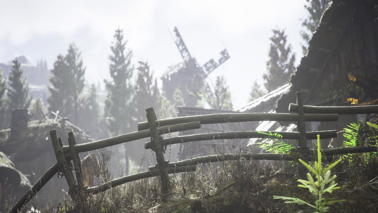 Rustic countryside landscape with a windmill in the background and trees