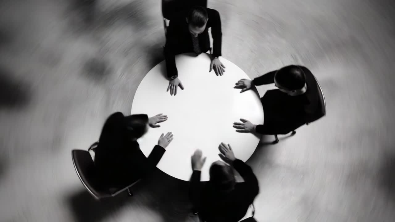 A group of four individuals engaged in a focused discussion around a circular table, highlighted by dramatic lighting and a dynamic motion blur to capture intense interaction