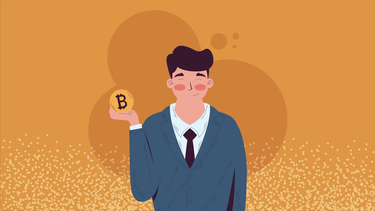 비트코인 투자 애니메이션을 가진 사업가