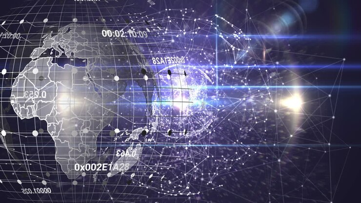 Globo con rete di connessioni che gira contro un punto di luce su sfondo nero