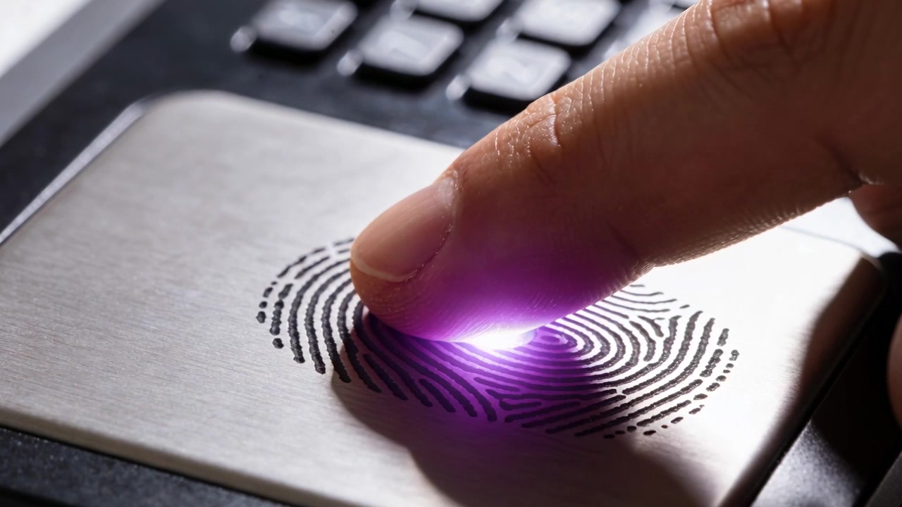 Placing right index finger at keypad, pressing, sliding, repressing while purple LED verifying ID